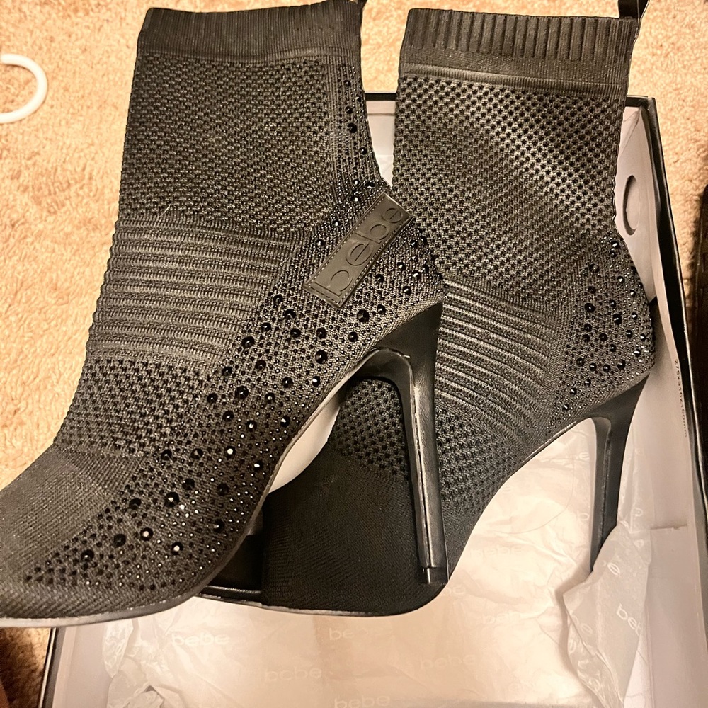 NWOT BEBE black PEEP TOED BOOTS. Size 8.5